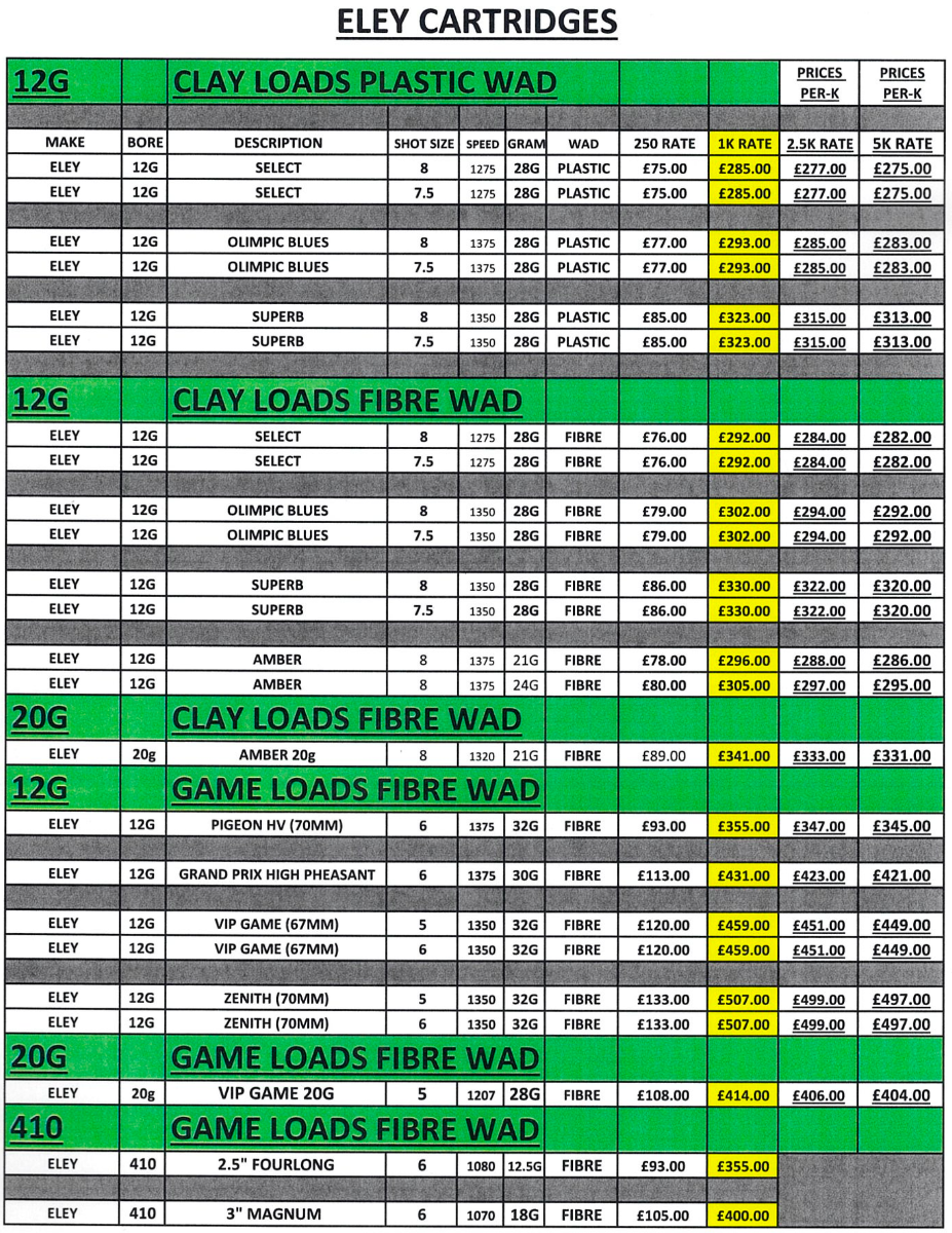 Brierley Guns Eley Cartridge Prices
